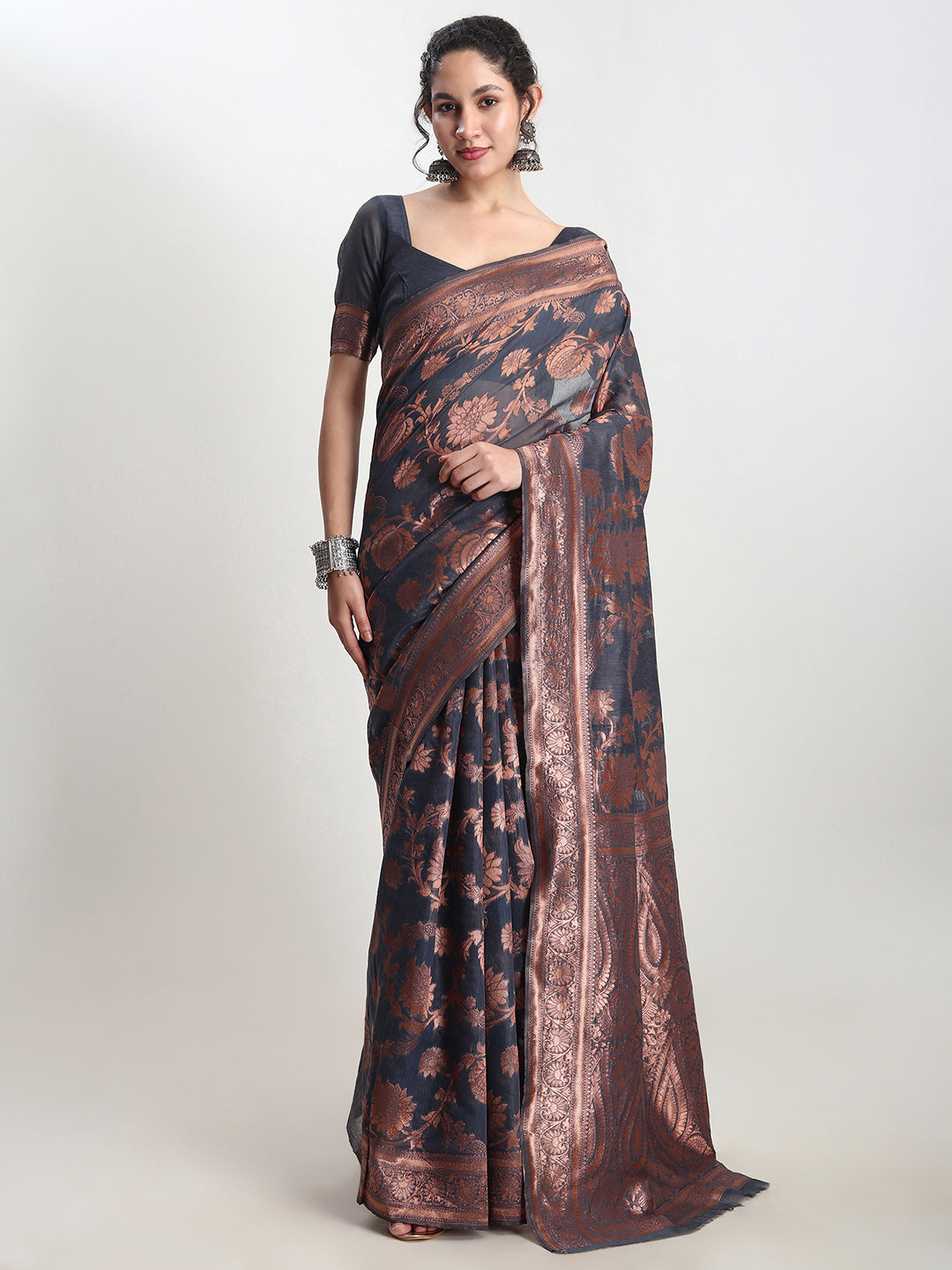 Janasya Dark Grey Silk Blend Floral Jacquard Grab2Buy 
