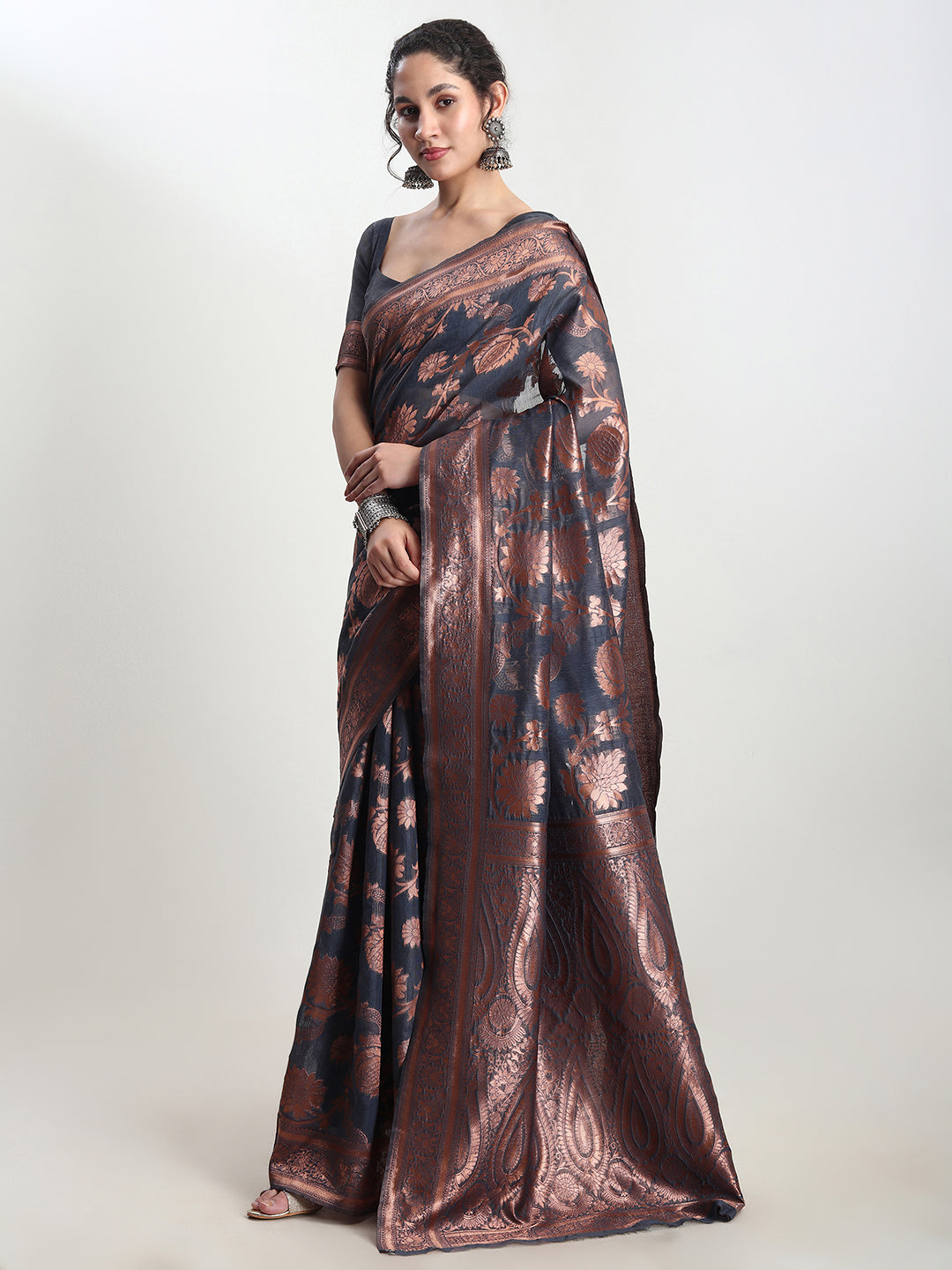 Janasya Dark Grey Silk Blend Floral Jacquard Grab2Buy 