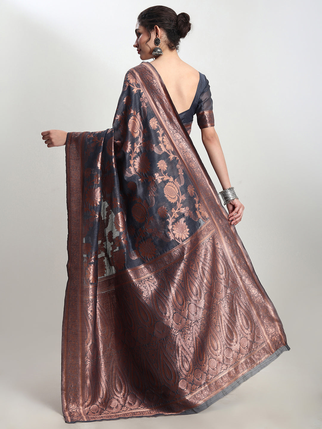 Janasya Dark Grey Silk Blend Floral Jacquard Grab2Buy 