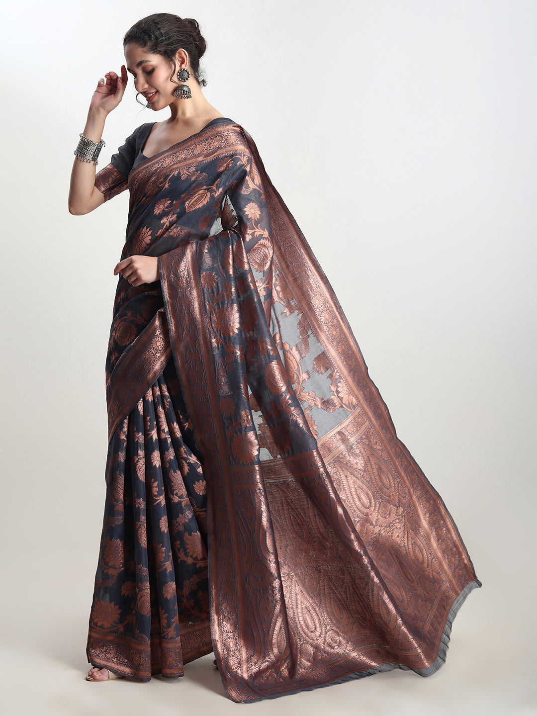 Janasya Dark Grey Silk Blend Floral Jacquard Grab2Buy 