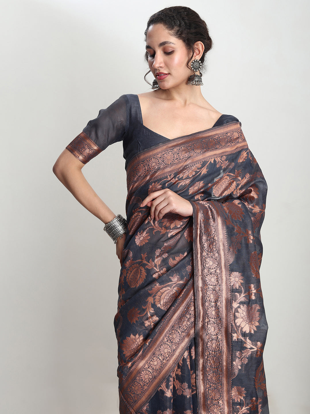 Janasya Dark Grey Silk Blend Floral Jacquard Grab2Buy 