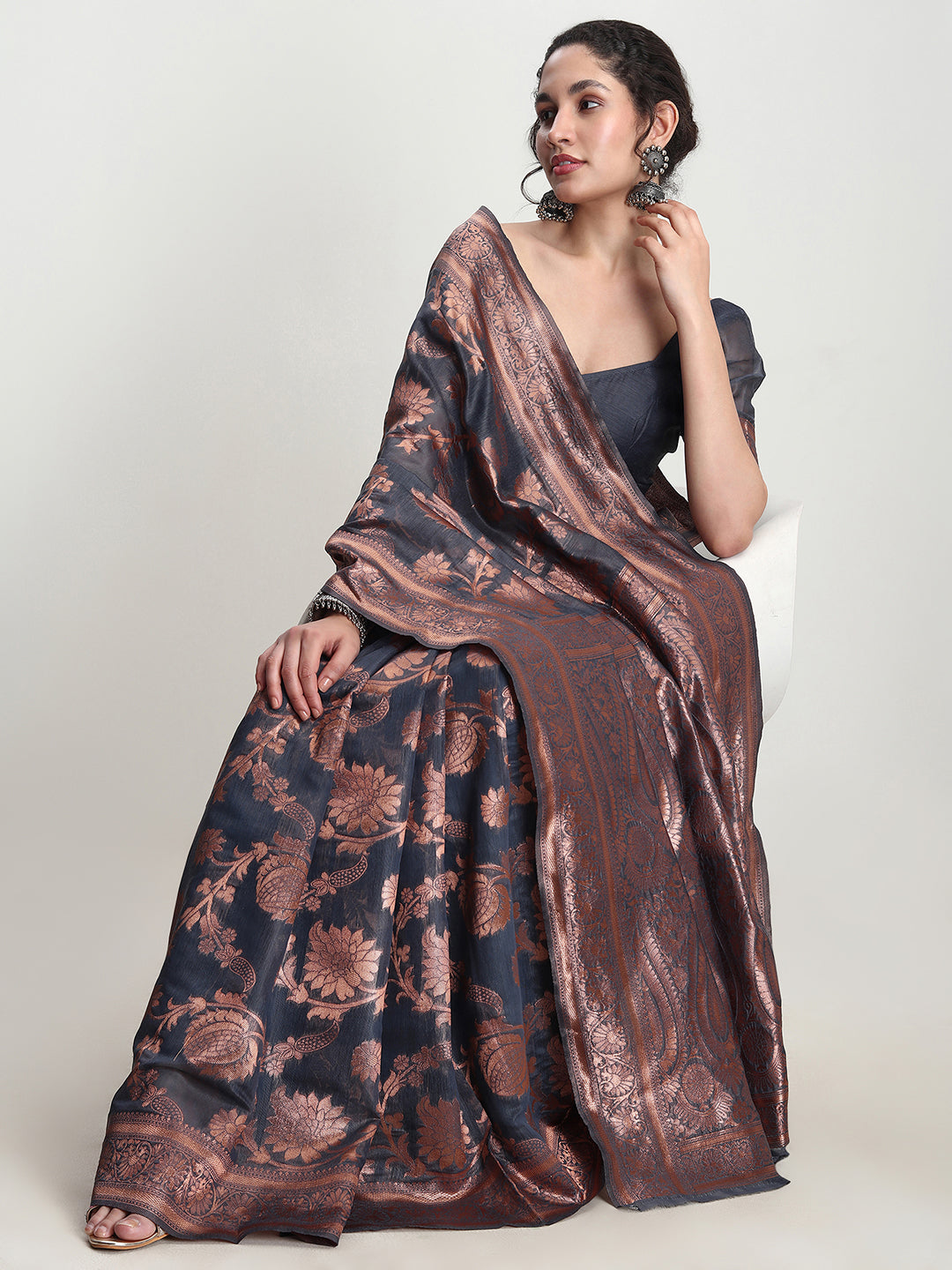 Janasya Dark Grey Silk Blend Floral Jacquard Grab2Buy 