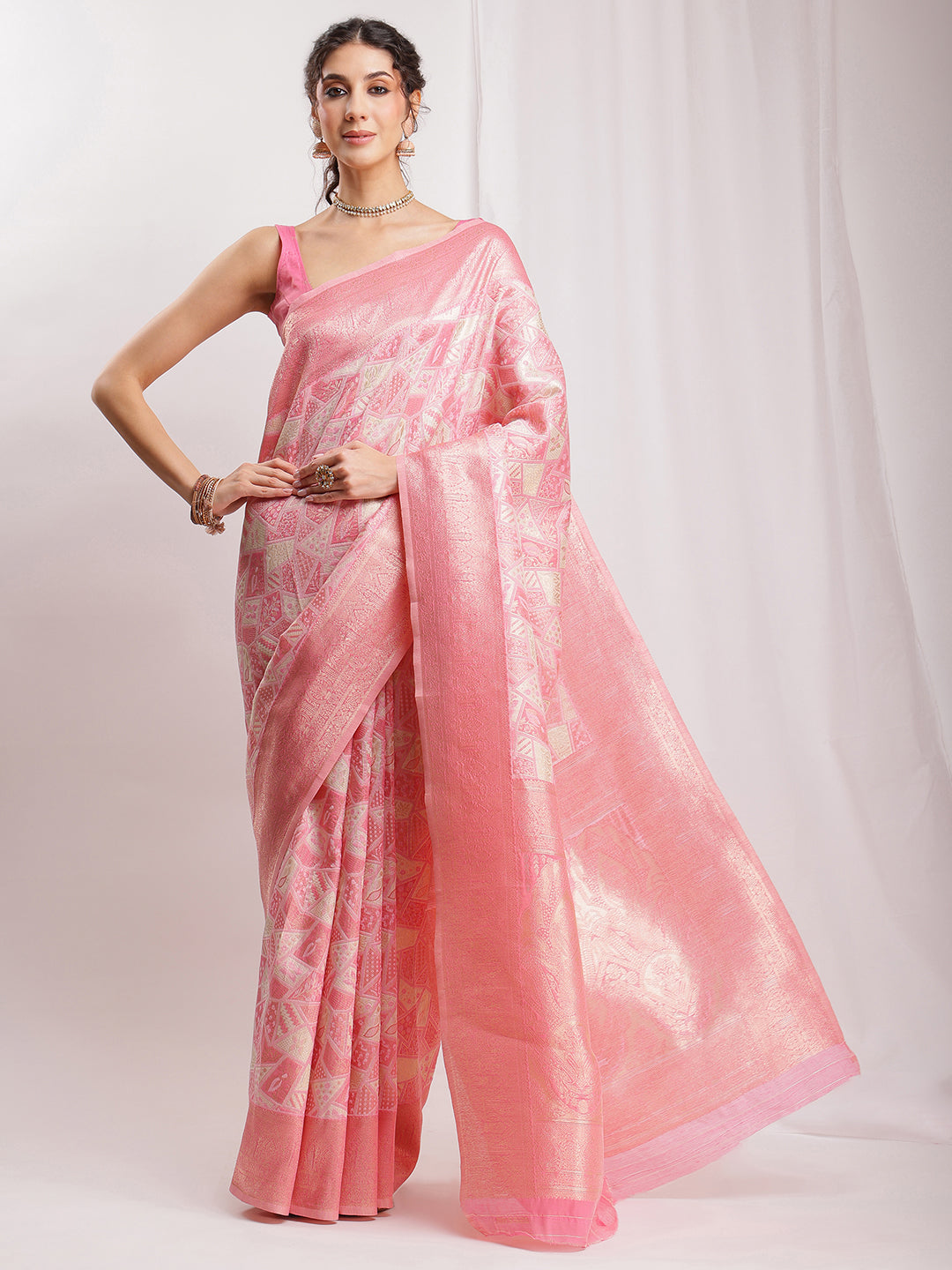 Janasya Peach Silk Blend Geometric Jacquard Grab2Buy 