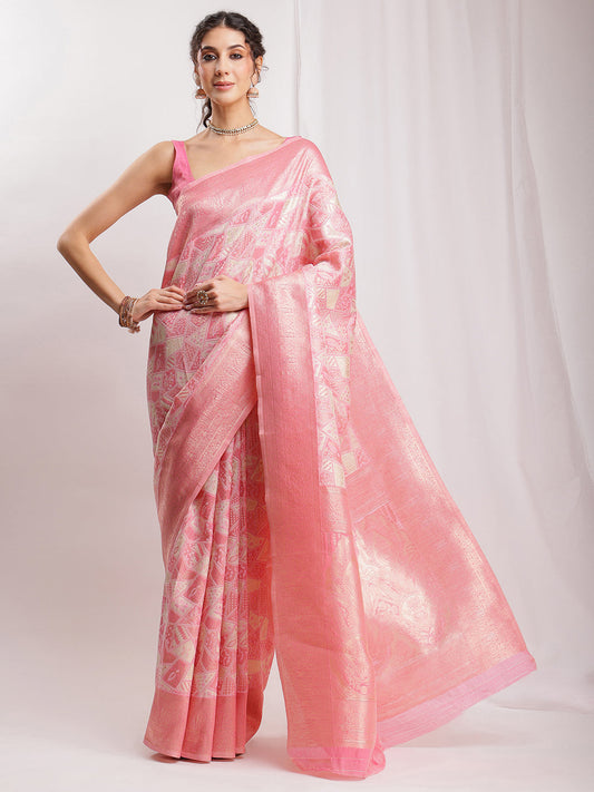 Janasya Peach Silk Blend Geometric Jacquard Grab2Buy 