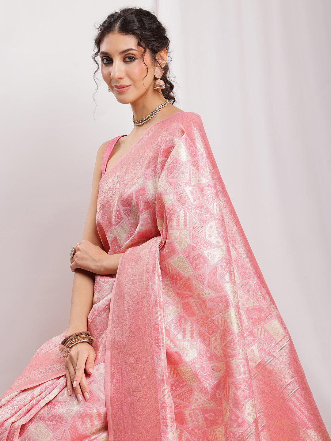 Janasya Peach Silk Blend Geometric Jacquard Grab2Buy 