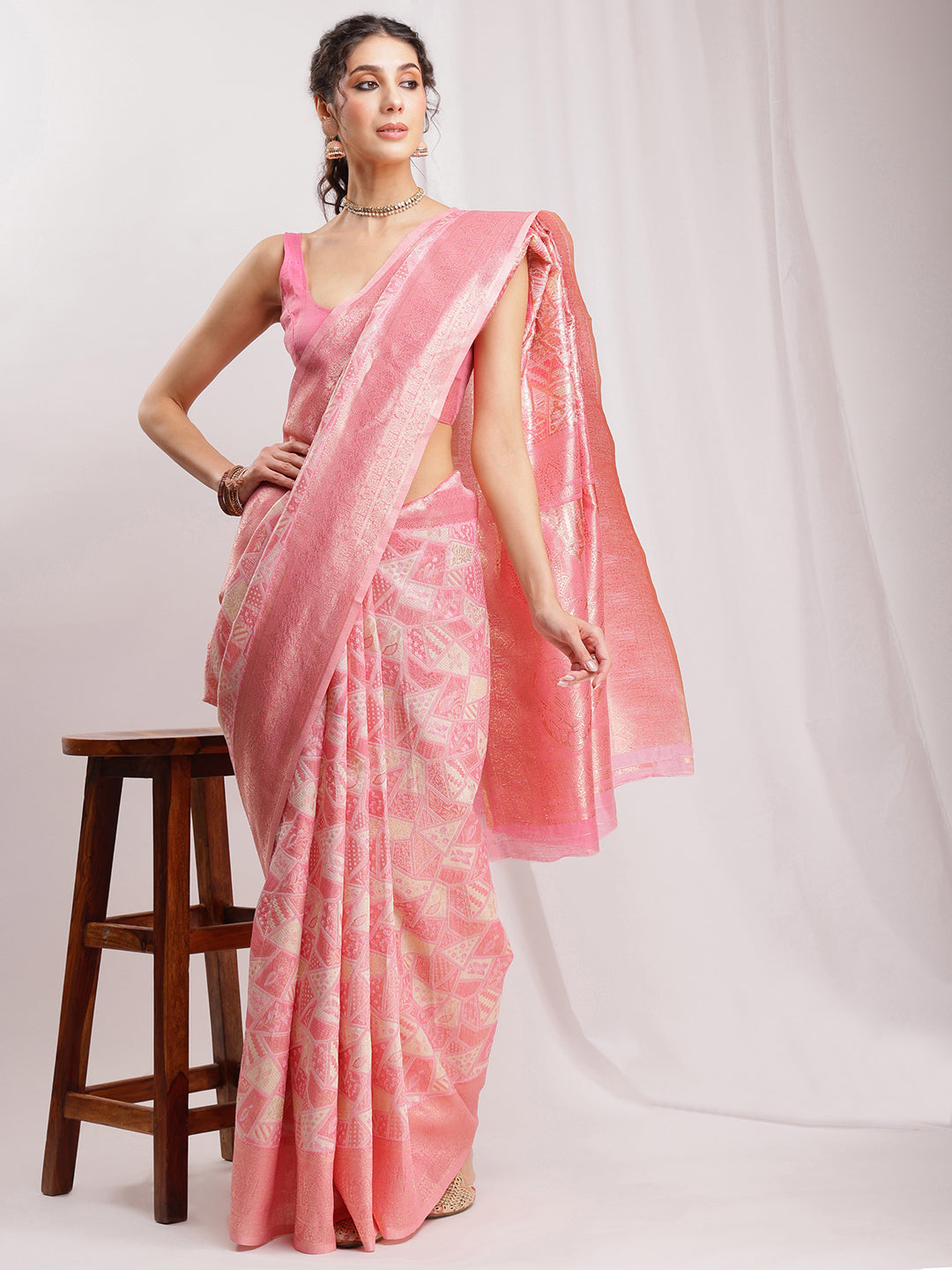 Janasya Peach Silk Blend Geometric Jacquard Grab2Buy 