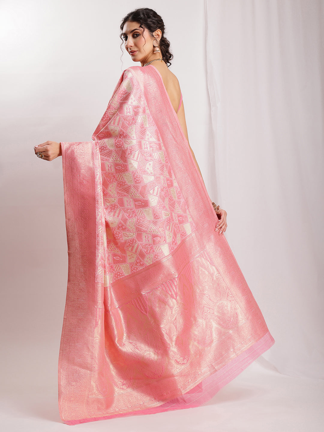 Janasya Peach Silk Blend Geometric Jacquard Grab2Buy 