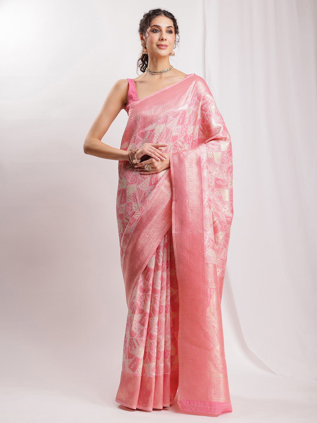 Janasya Peach Silk Blend Geometric Jacquard Grab2Buy 