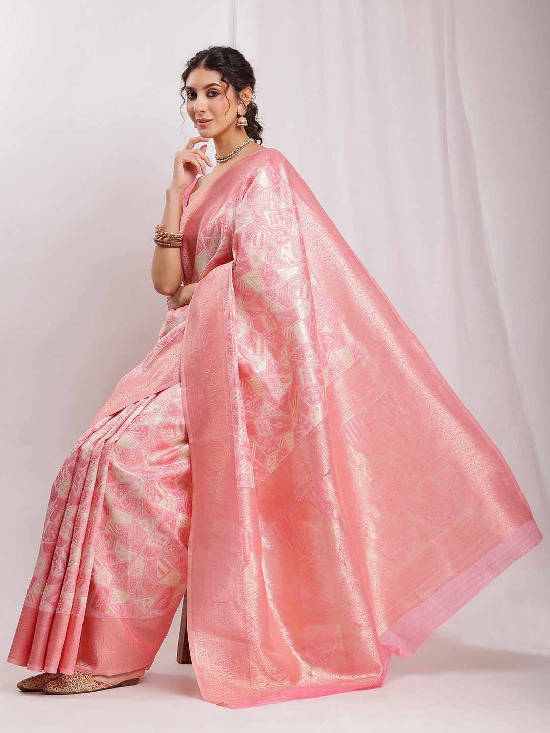 Janasya Peach Silk Blend Geometric Jacquard Grab2Buy 