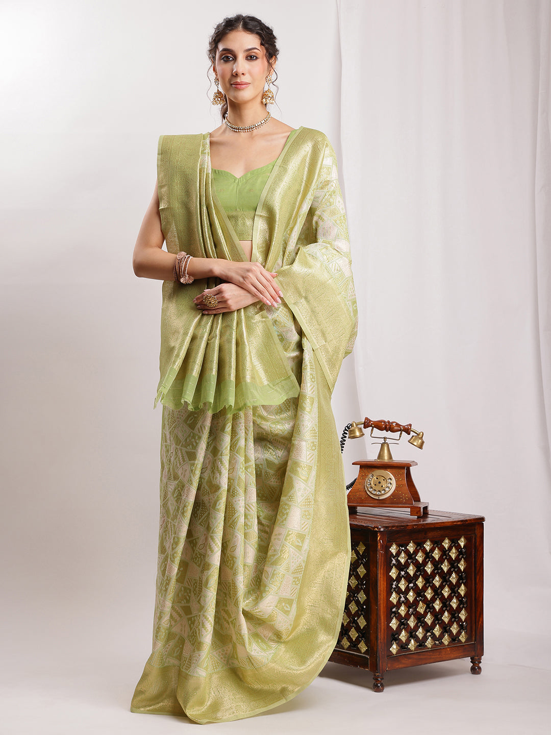 Janasya Green Silk Blend Geometric Jacquard Grab2Buy 