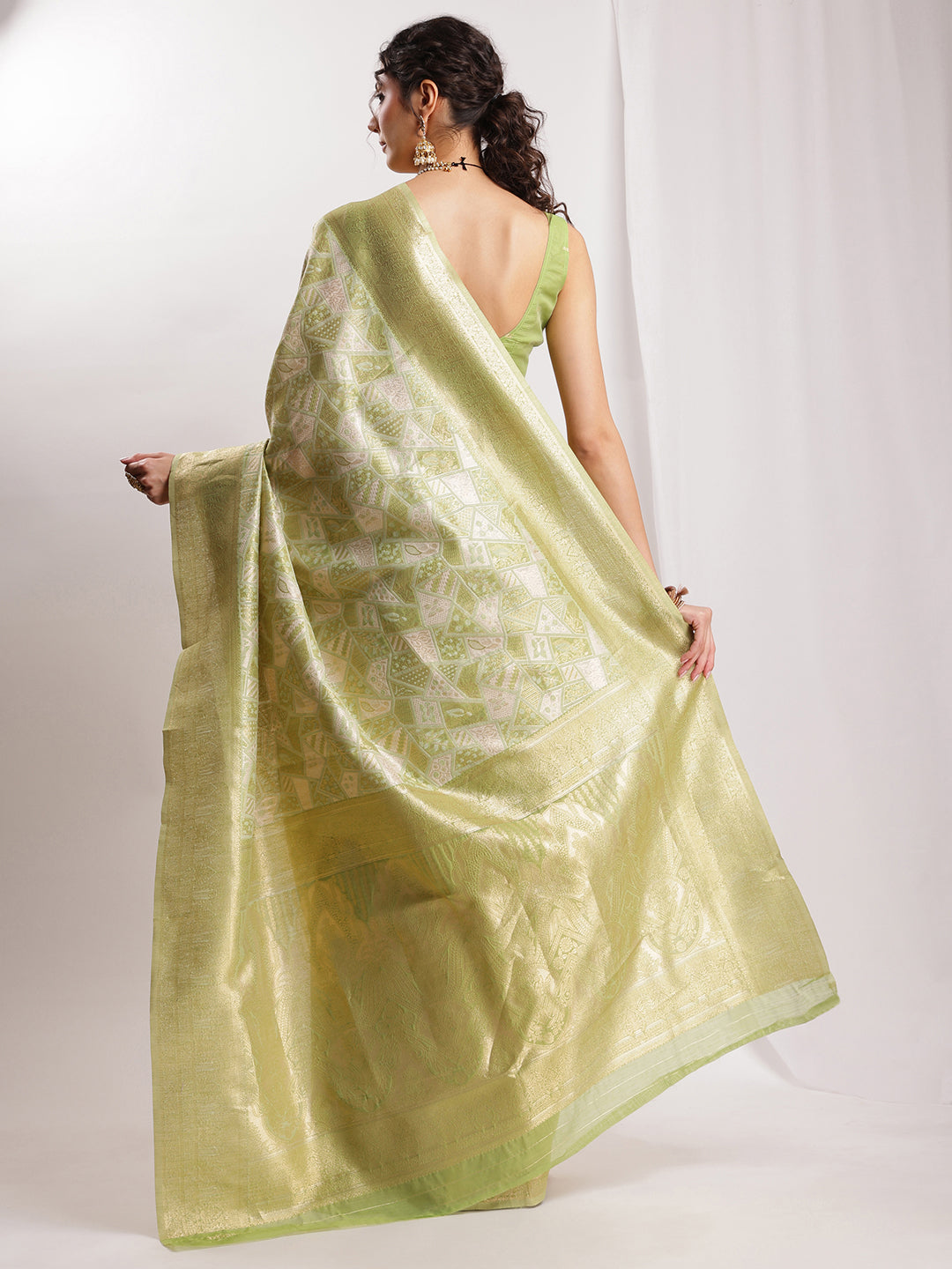 Janasya Green Silk Blend Geometric Jacquard Grab2Buy 
