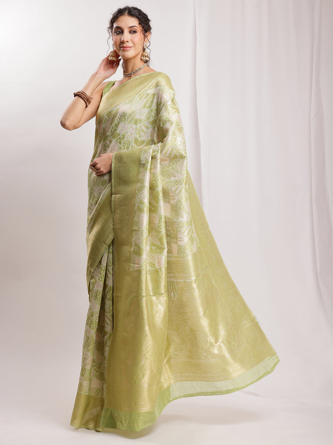Janasya Green Silk Blend Geometric Jacquard Grab2Buy 