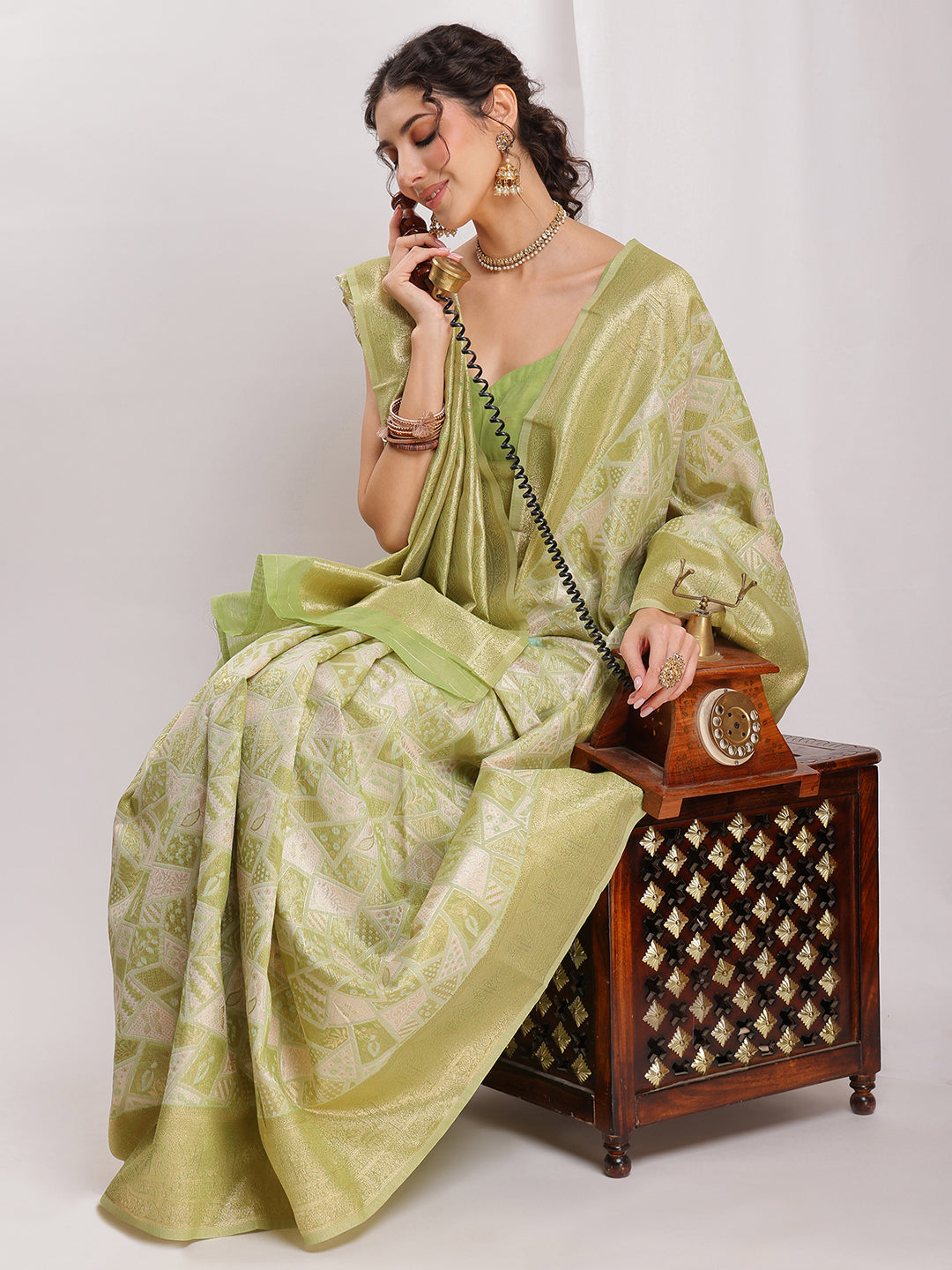 Janasya Green Silk Blend Geometric Jacquard Grab2Buy 