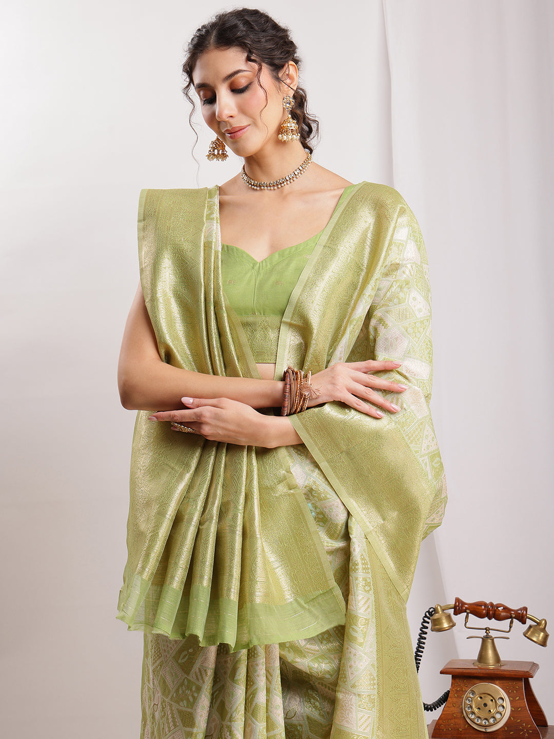 Janasya Green Silk Blend Geometric Jacquard Grab2Buy 