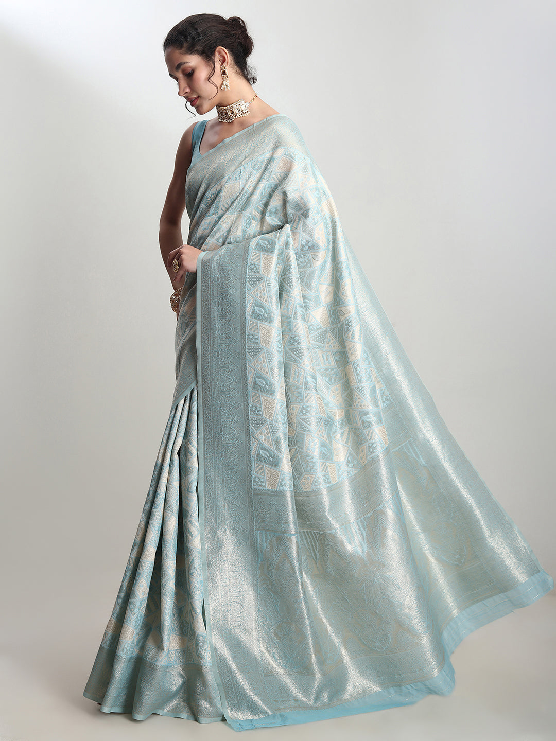 Janasya Sky Blue Silk Blend Geometric Jacquard Grab2Buy 