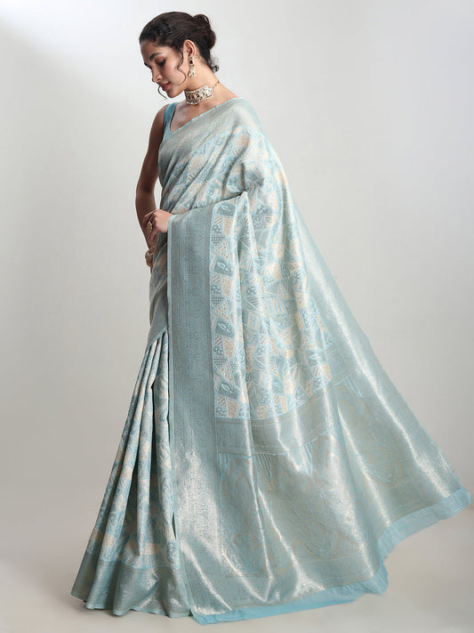 Janasya Sky Blue Silk Blend Geometric Jacquard Grab2Buy 
