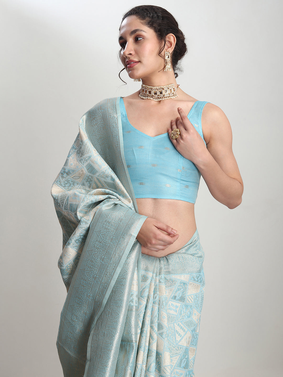 Janasya Sky Blue Silk Blend Geometric Jacquard Grab2Buy 