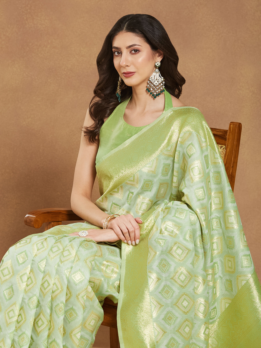 Janasya Light Green Silk Blend Geometric Jacquard Grab2Buy 