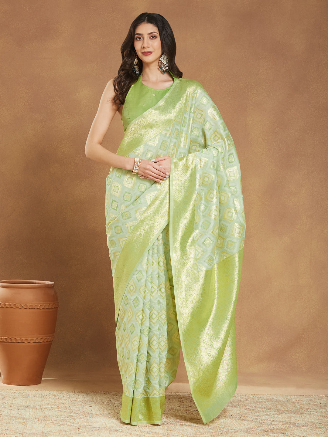 Janasya Light Green Silk Blend Geometric Jacquard Grab2Buy 