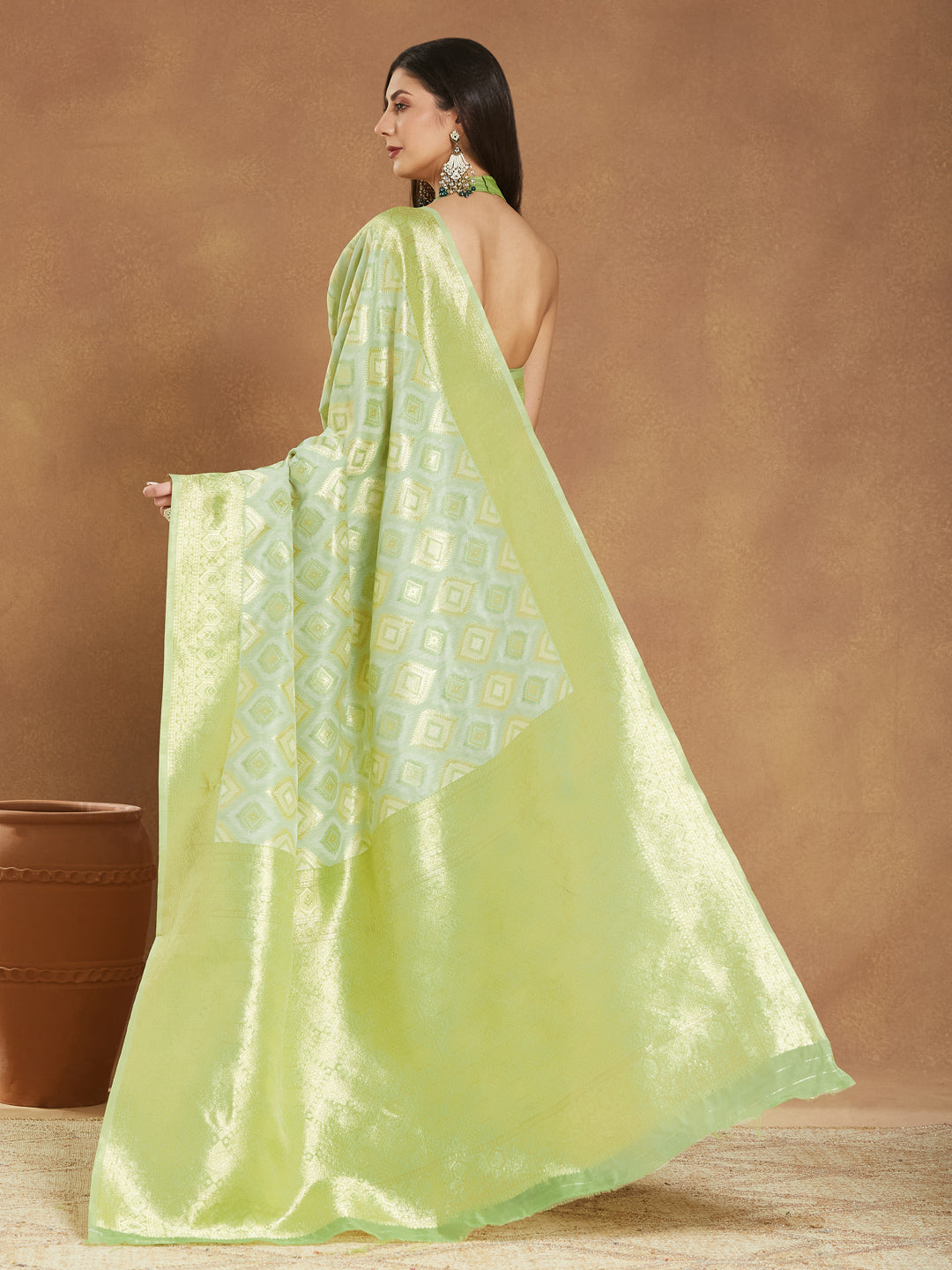 Janasya Light Green Silk Blend Geometric Jacquard Grab2Buy 