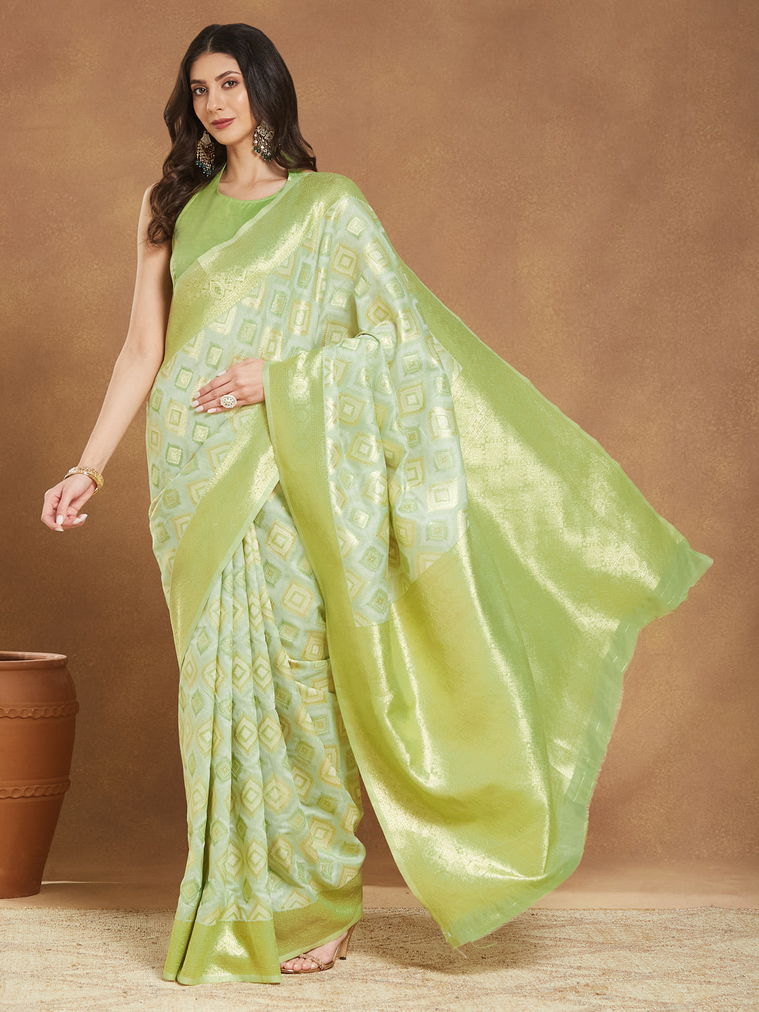 Janasya Light Green Silk Blend Geometric Jacquard Grab2Buy 