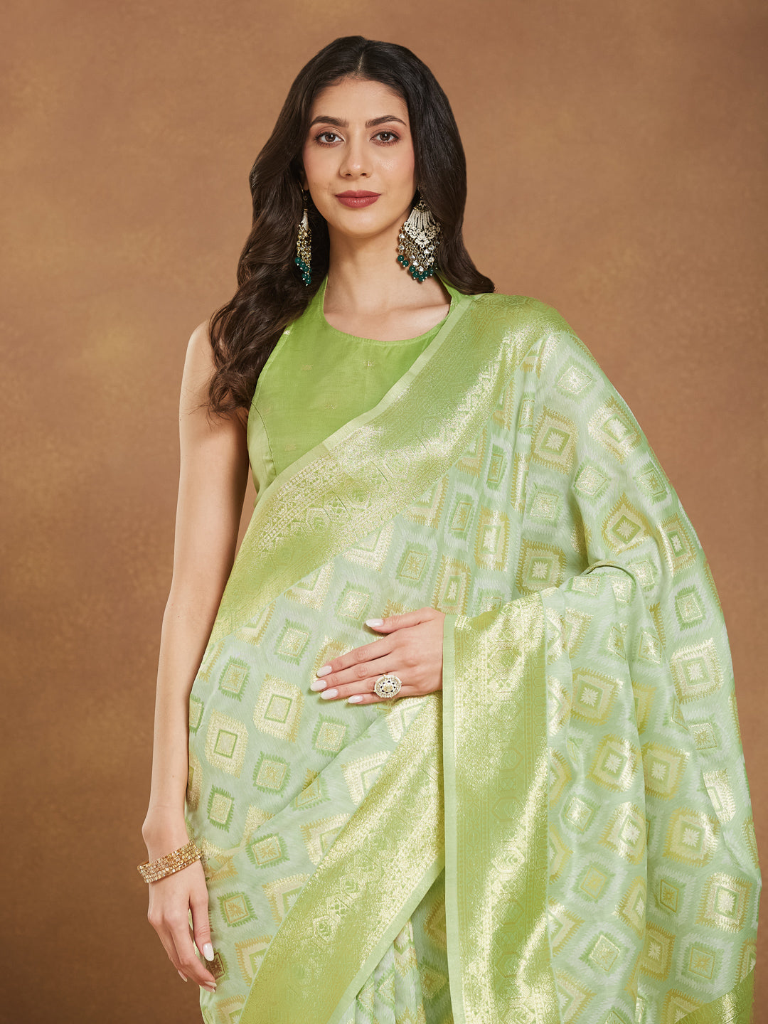Janasya Light Green Silk Blend Geometric Jacquard Grab2Buy 