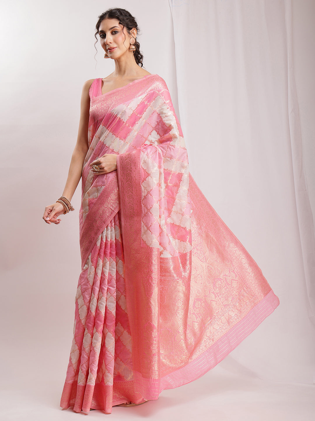 Janasya Peach Silk Blend Geometric Jacquard Grab2Buy 