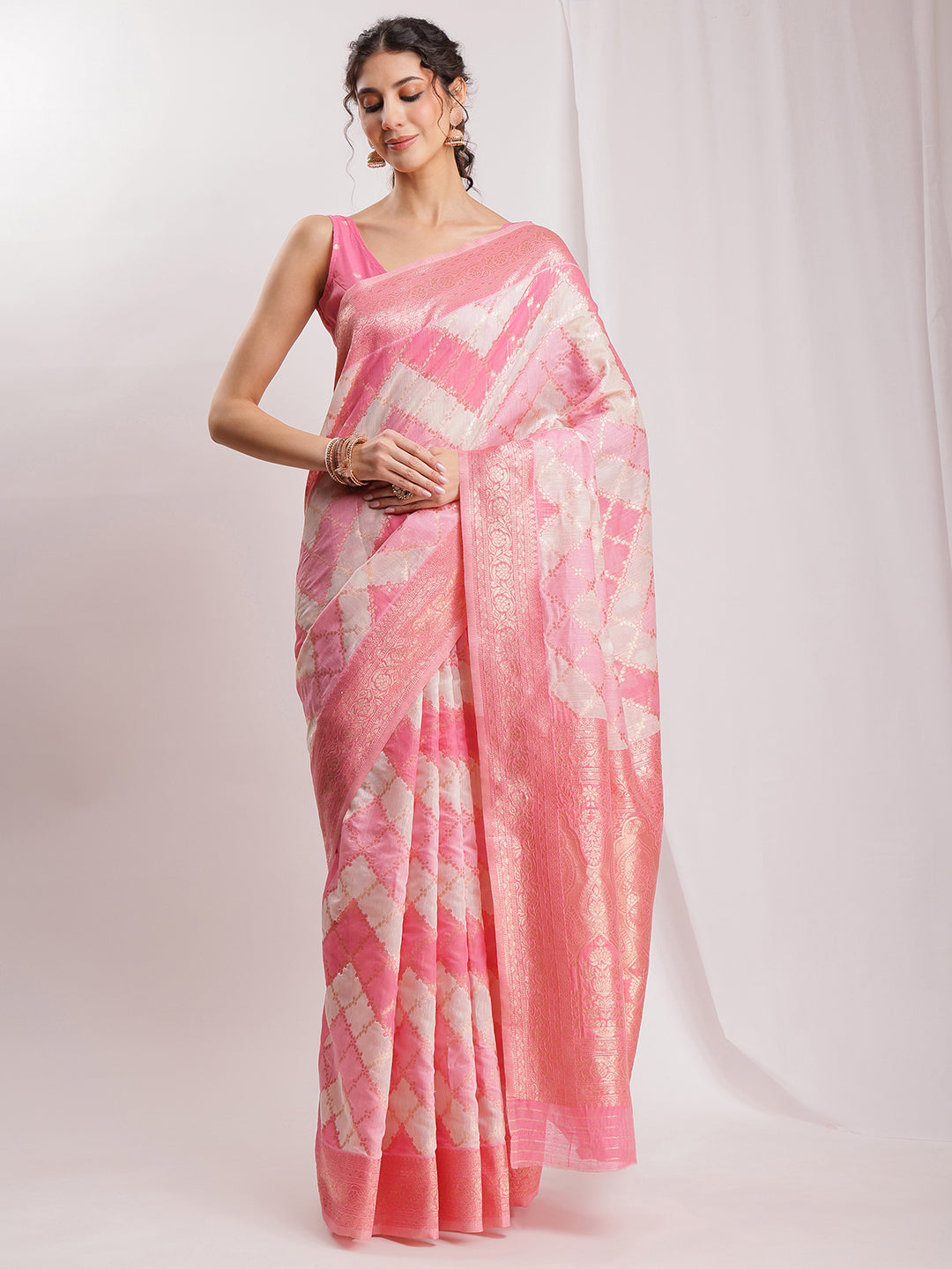 Janasya Peach Silk Blend Geometric Jacquard Grab2Buy 