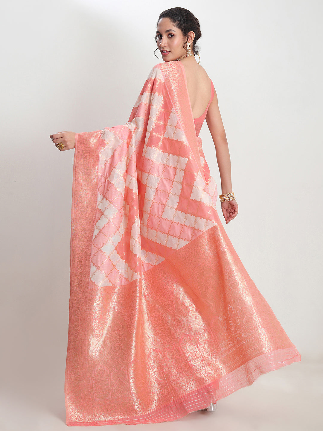 Janasya Peach Silk Blend Geometric Jacquard Grab2Buy 