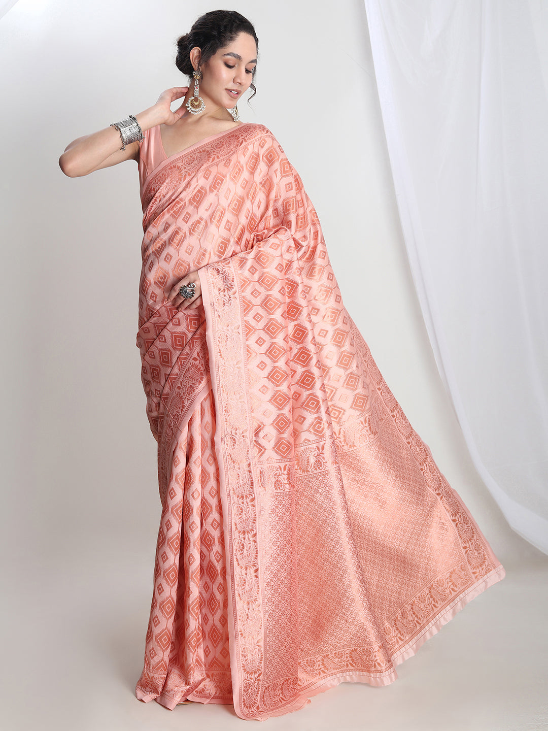 Janasya Peach Silk Blend Geometric Jacquard Grab2Buy 