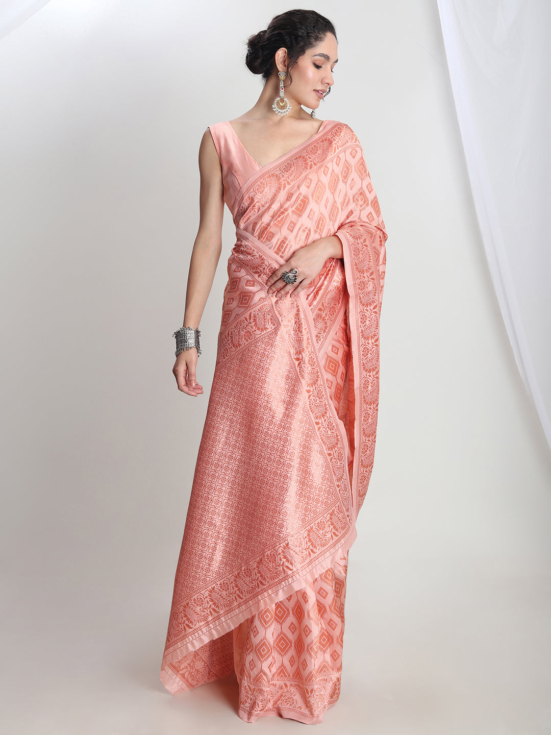 Janasya Peach Silk Blend Geometric Jacquard Grab2Buy 