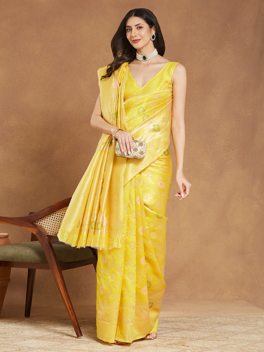 Janasya Yellow Silk Blend Floral Jacquard Grab2Buy 