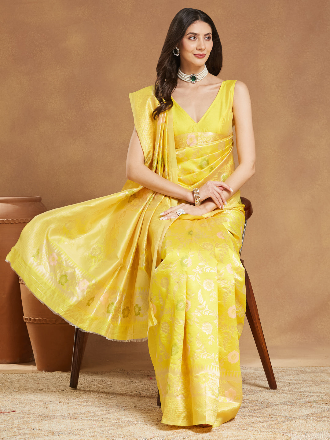 Janasya Yellow Silk Blend Floral Jacquard Grab2Buy 