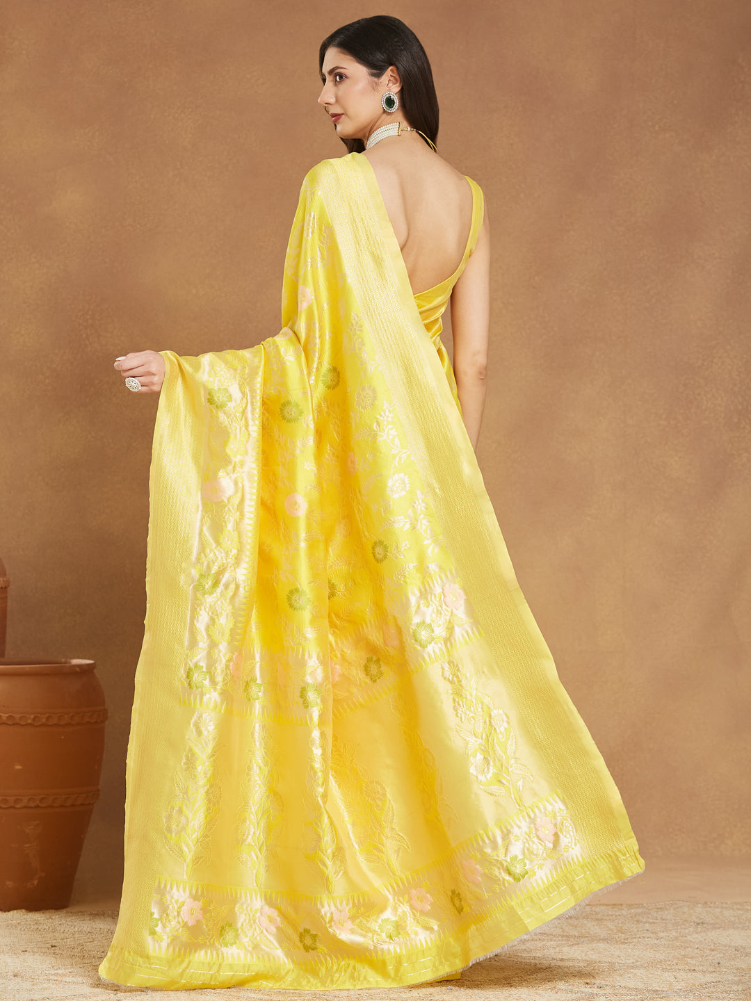 Janasya Yellow Silk Blend Floral Jacquard Grab2Buy 