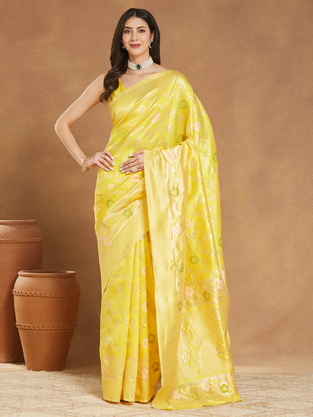 Janasya Yellow Silk Blend Floral Jacquard Grab2Buy 
