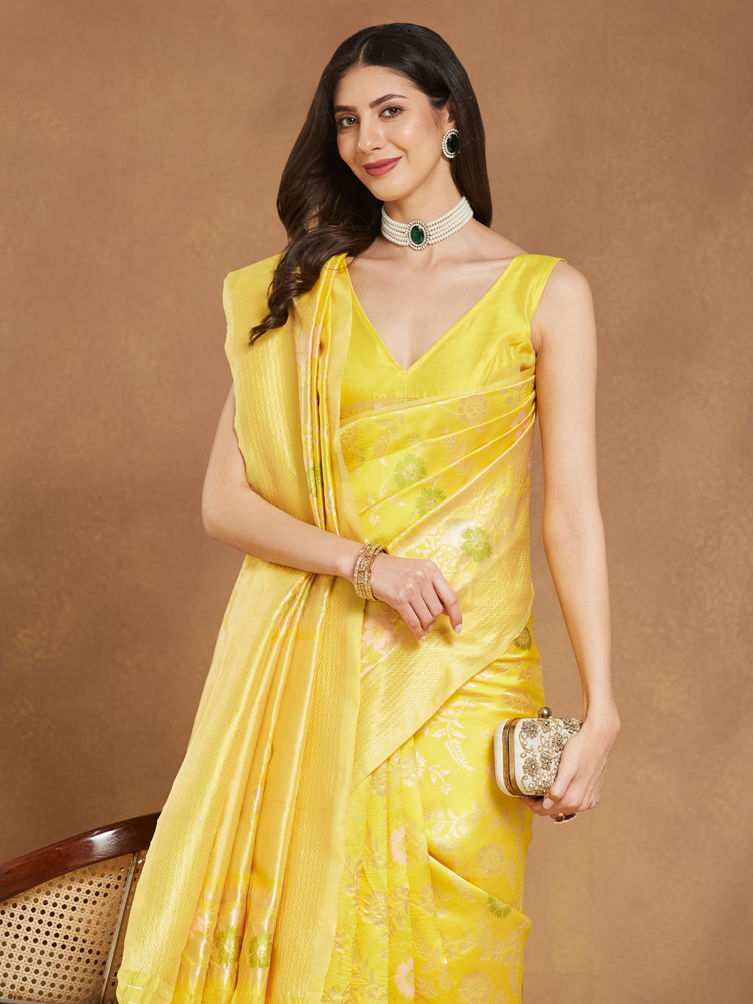 Janasya Yellow Silk Blend Floral Jacquard Grab2Buy 