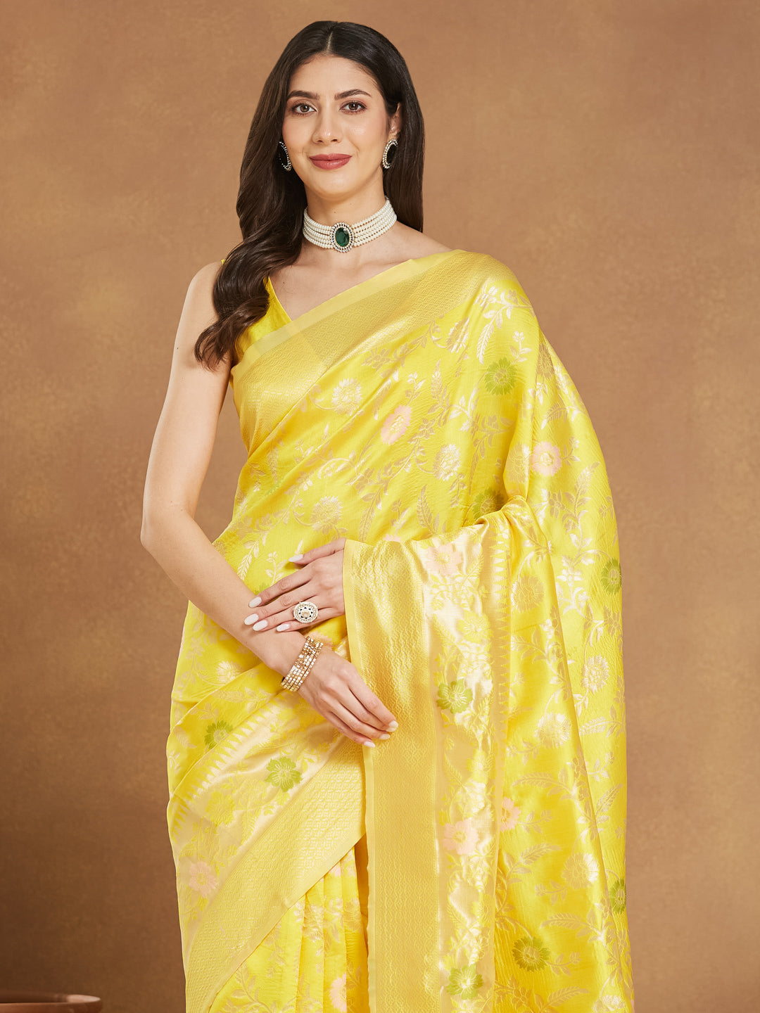 Janasya Yellow Silk Blend Floral Jacquard Grab2Buy 