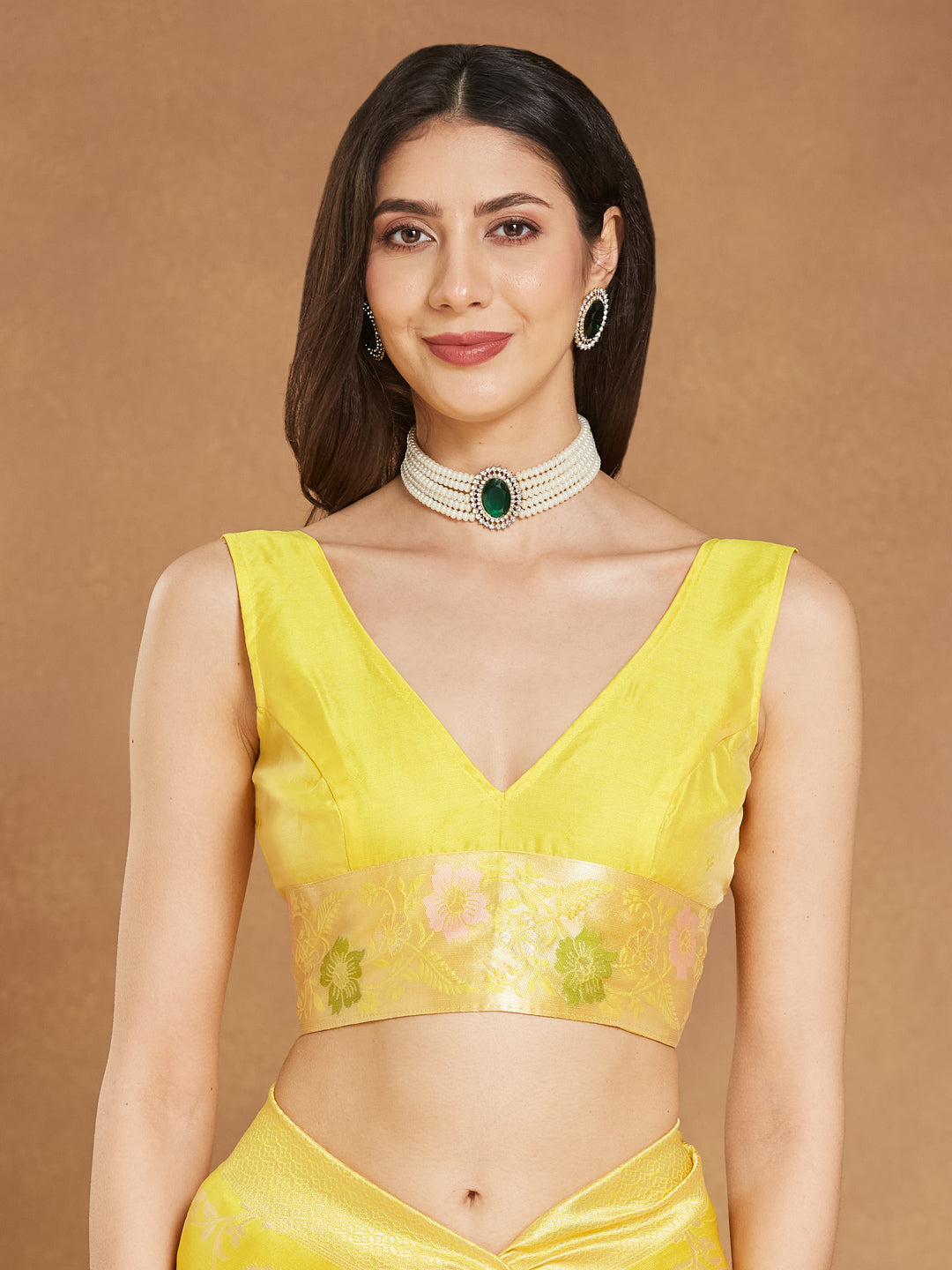 Janasya Yellow Silk Blend Floral Jacquard Grab2Buy 