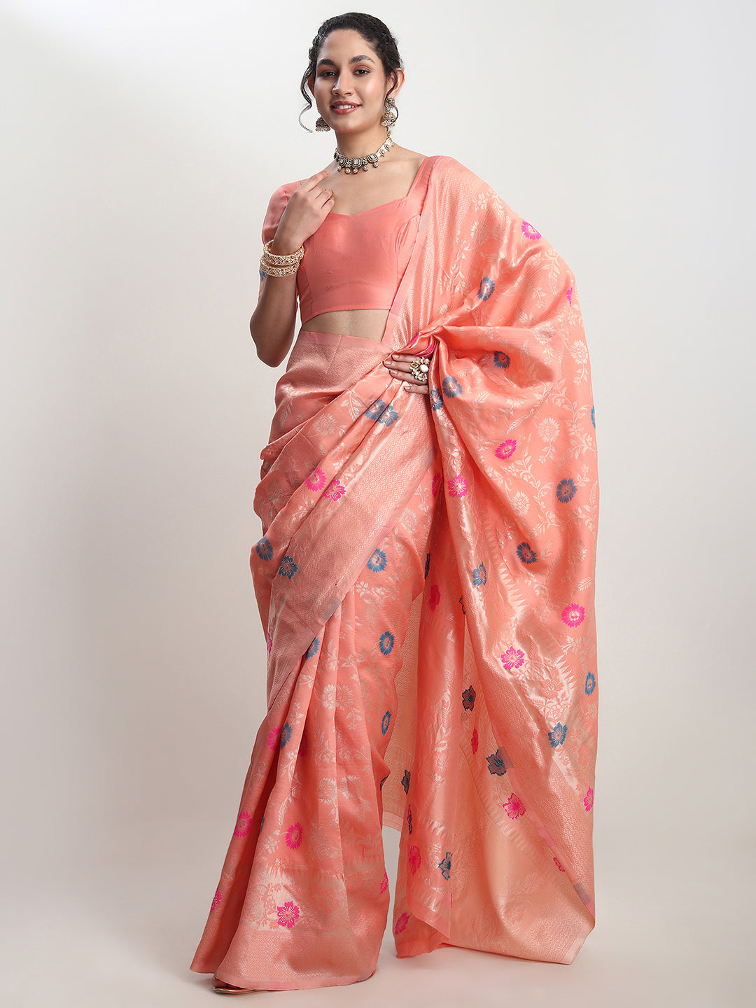 Janasya Peach Silk Blend Floral Jacquard Grab2Buy 