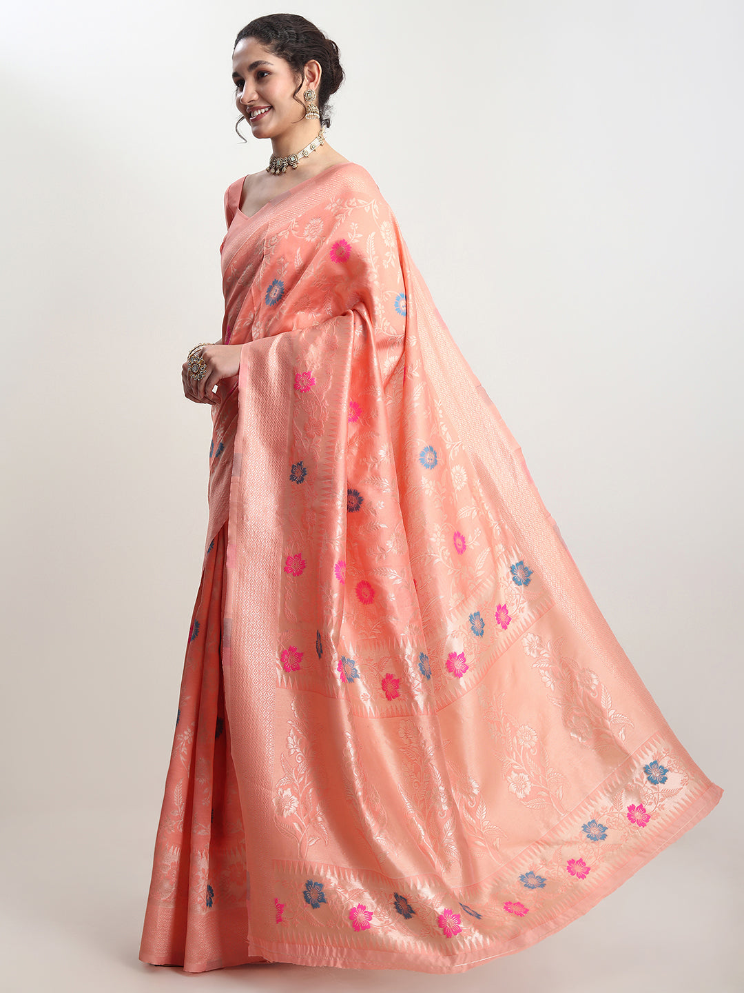 Janasya Peach Silk Blend Floral Jacquard Grab2Buy 