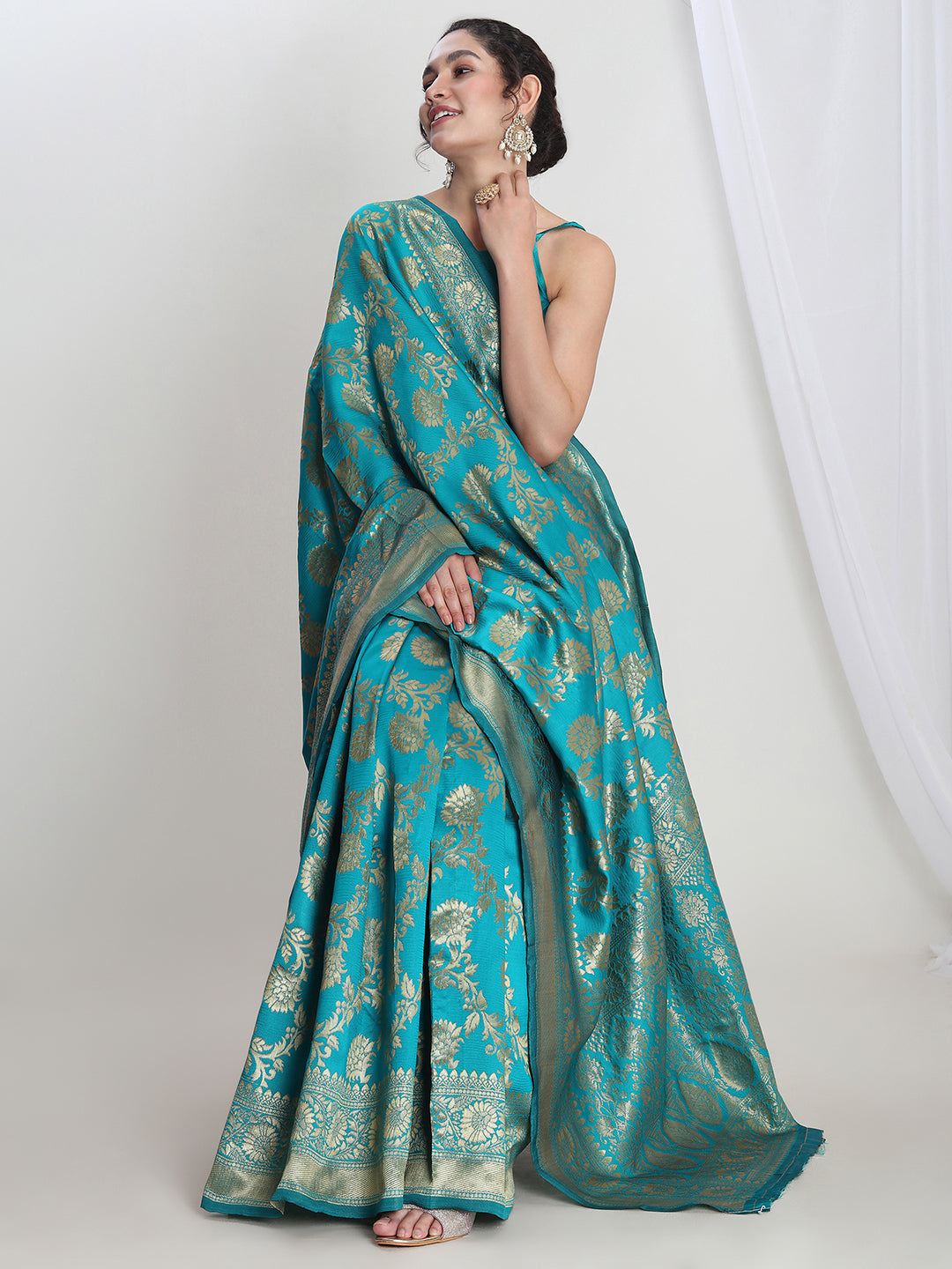 Janasya Teal Blue Silk Blend Floral Jacquard Grab2Buy 