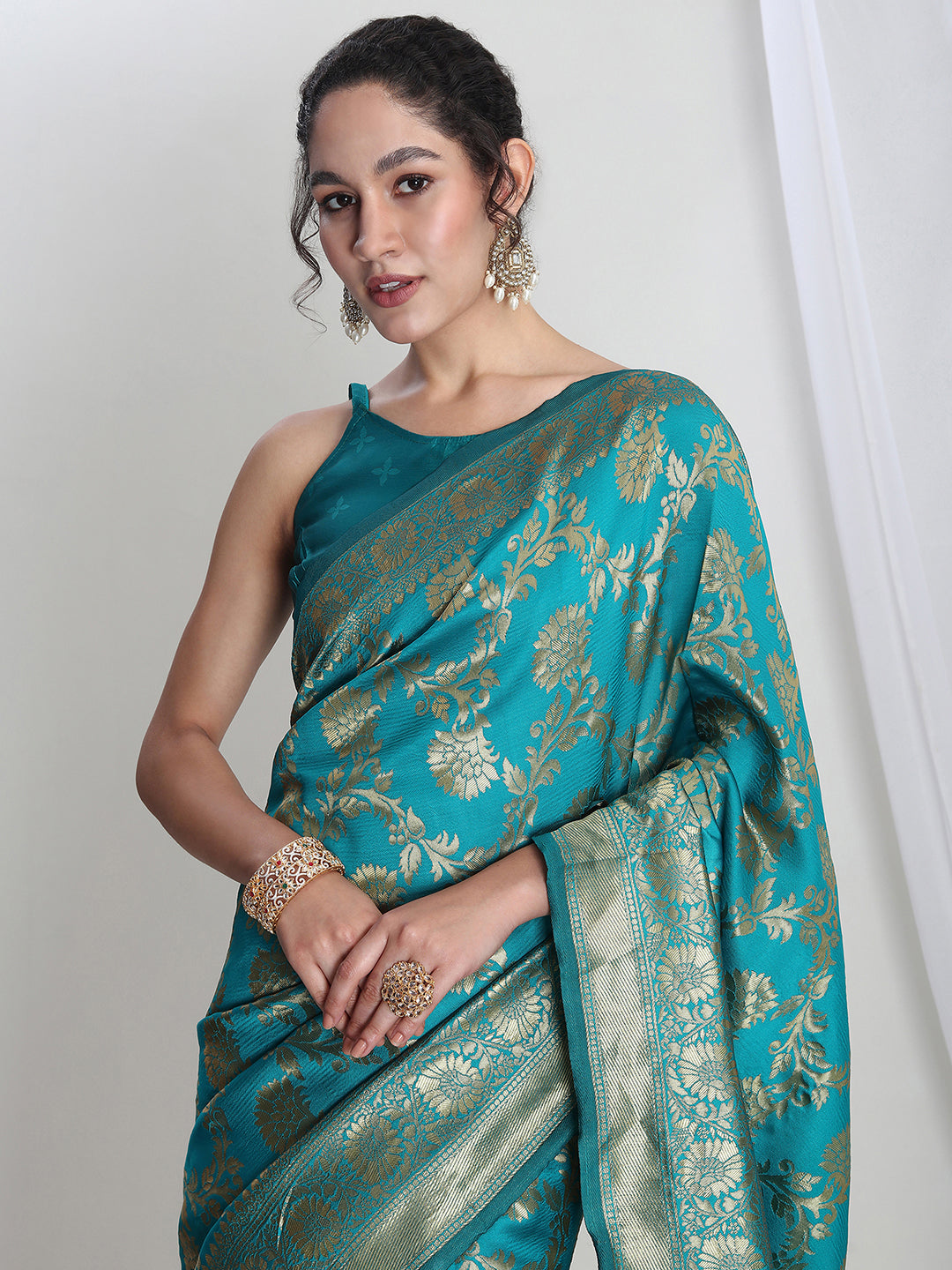 Janasya Teal Blue Silk Blend Floral Jacquard Grab2Buy 