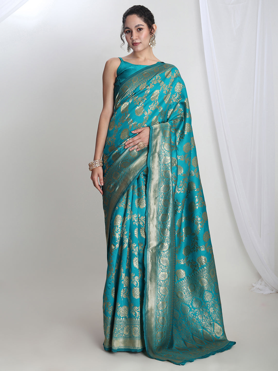 Janasya Teal Blue Silk Blend Floral Jacquard Grab2Buy 