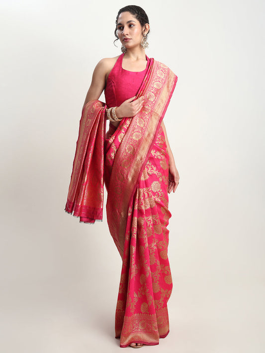 Janasya Pink Silk Blend Floral Jacquard Grab2Buy 