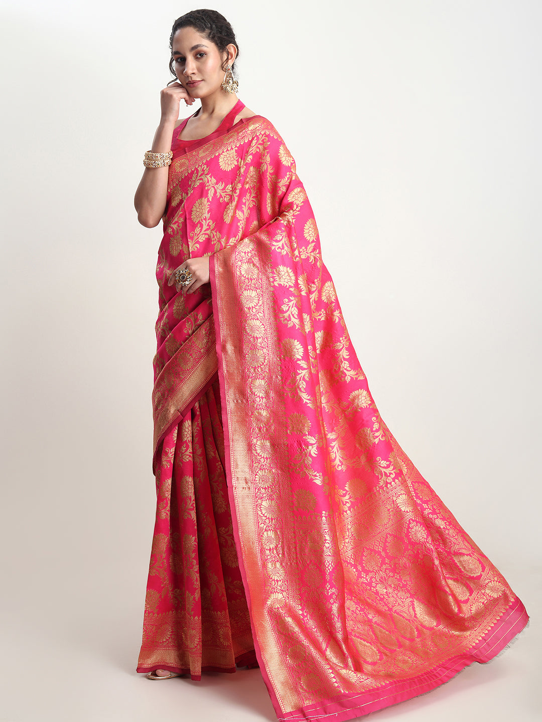 Janasya Pink Silk Blend Floral Jacquard Grab2Buy 