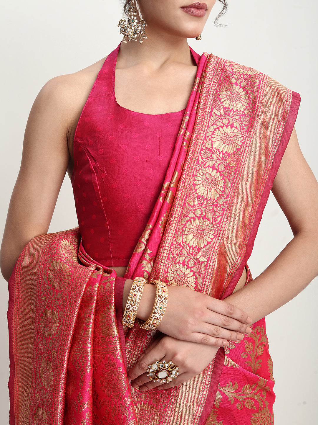 Janasya Pink Silk Blend Floral Jacquard Grab2Buy 