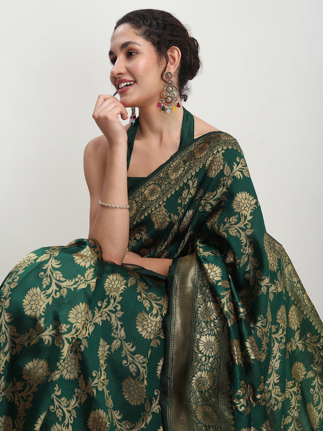 Janasya Dark Green Silk Blend Floral Jacquard Grab2Buy 