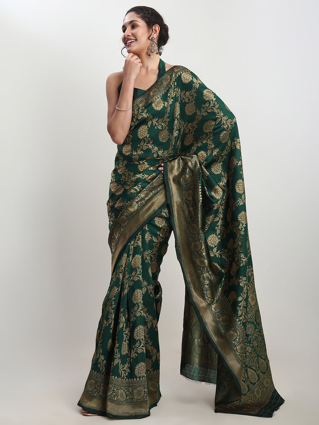 Janasya Dark Green Silk Blend Floral Jacquard Grab2Buy 