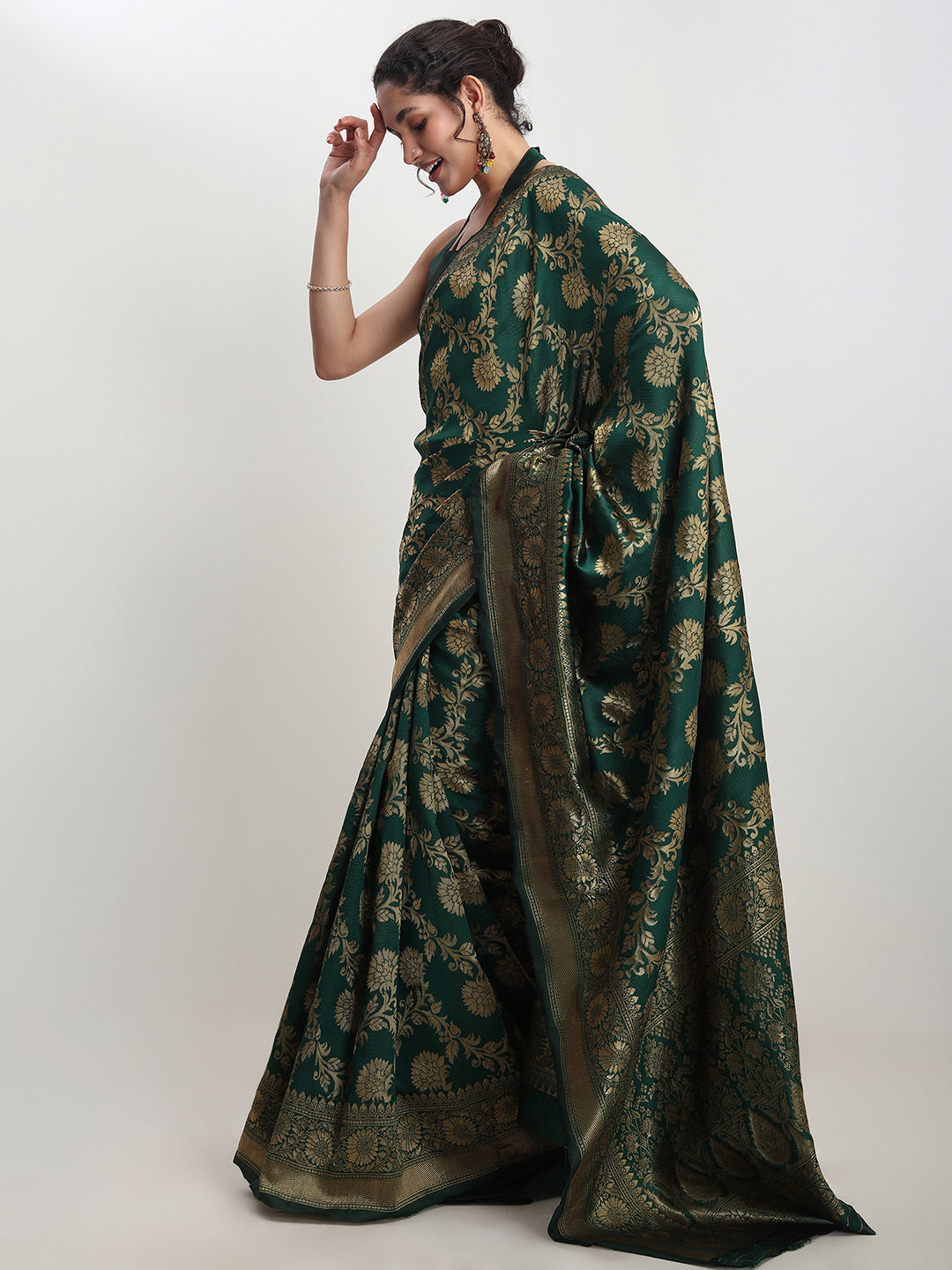 Janasya Dark Green Silk Blend Floral Jacquard Grab2Buy 