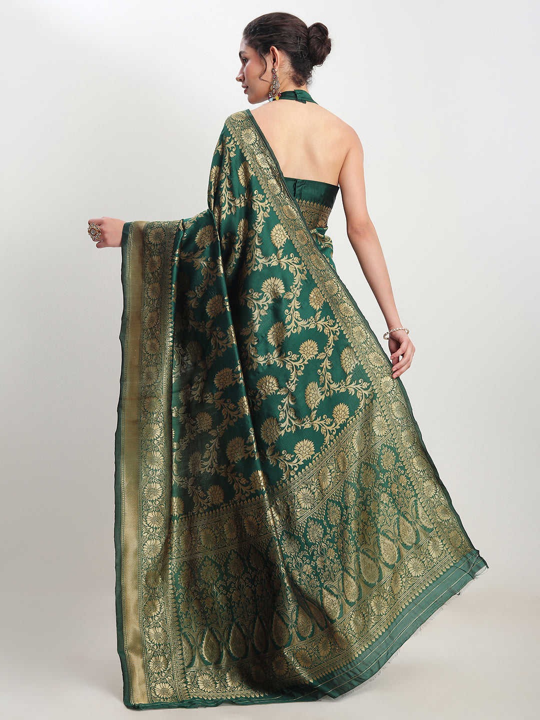 Janasya Dark Green Silk Blend Floral Jacquard Grab2Buy 